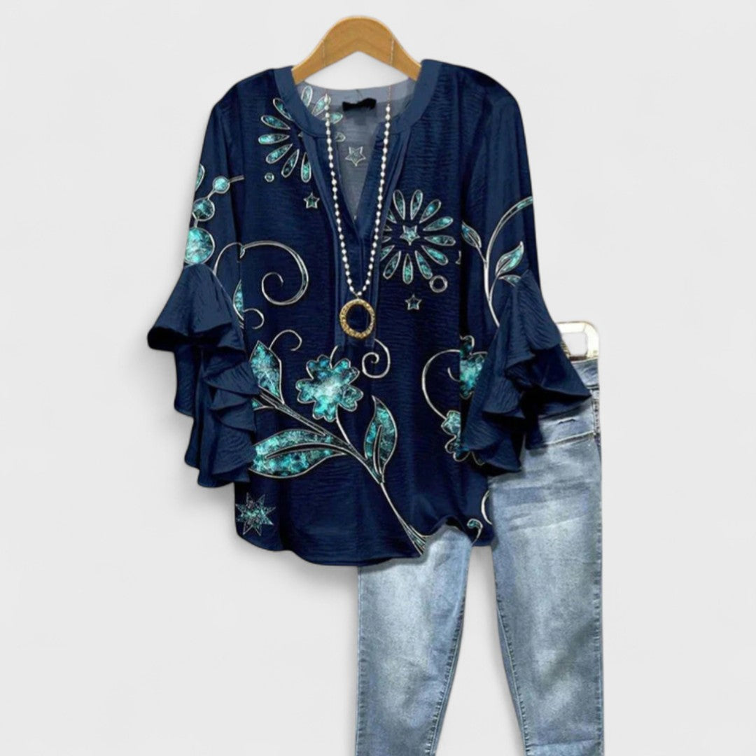 Dames Blouse met V-hals en Volantmouwen Donkerblauw