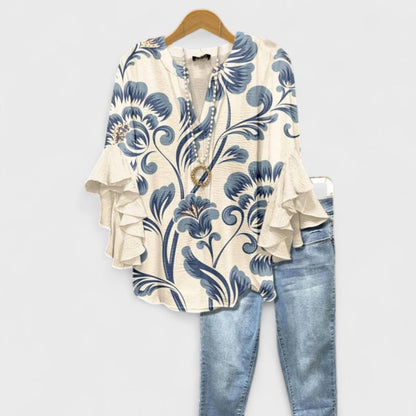 Dames Blouse met V-hals en Volantmouwen Wit