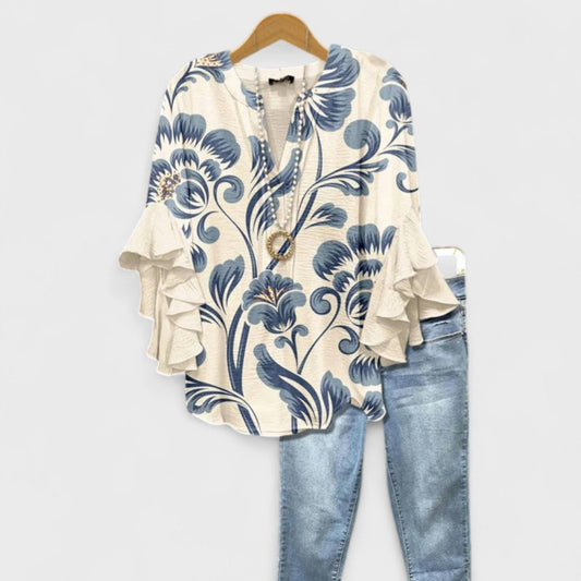 Dames Blouse met V-hals en Volantmouwen Wit
