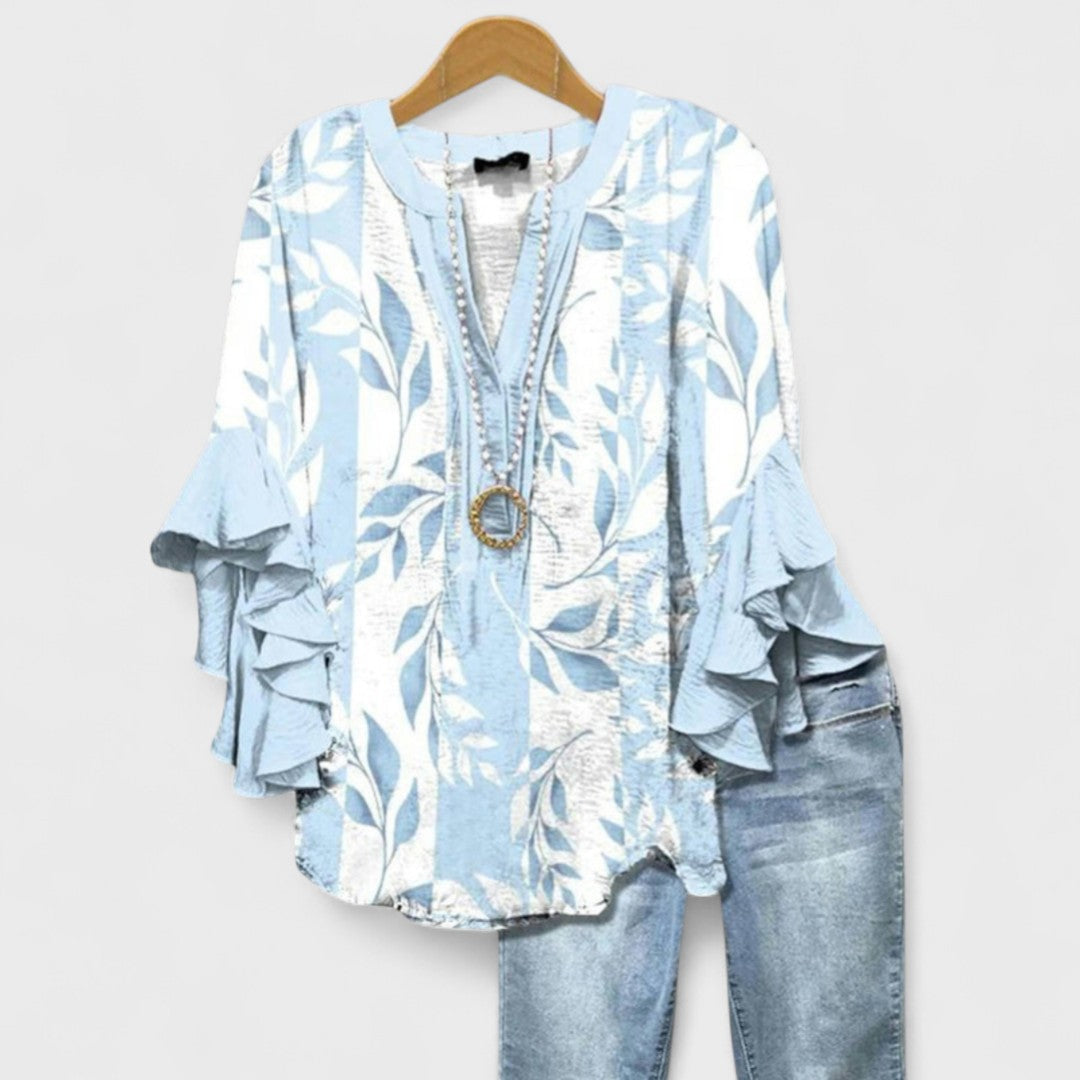 Dames Blouse met V-hals en Volantmouwen Lichtblauw