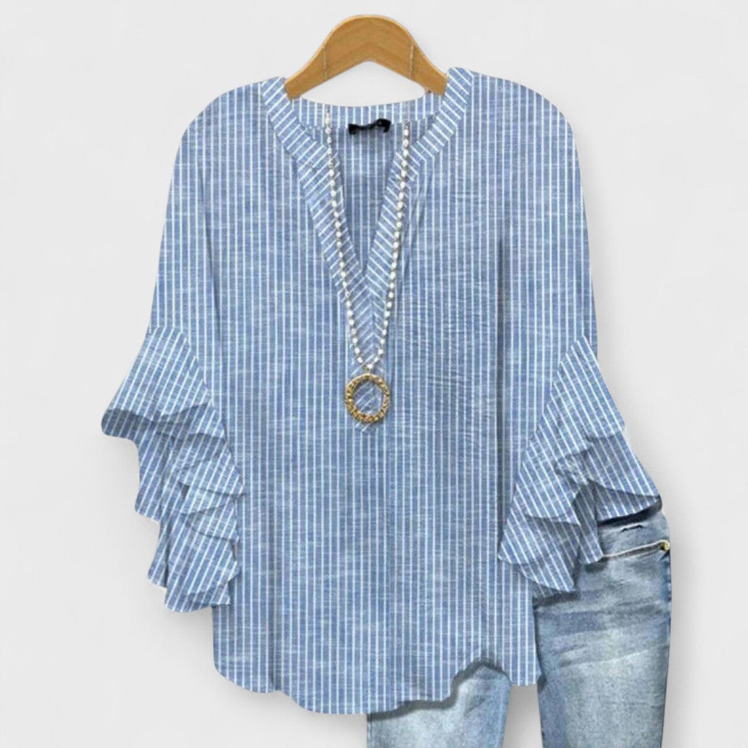 Dames Blouse met V-hals en Volantmouwen Blauw