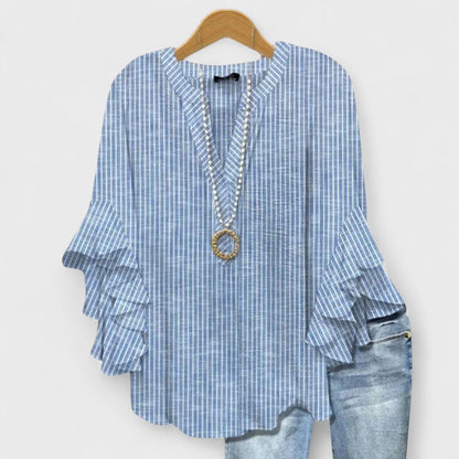 Dames Blouse met V-hals en Volantmouwen Blauw