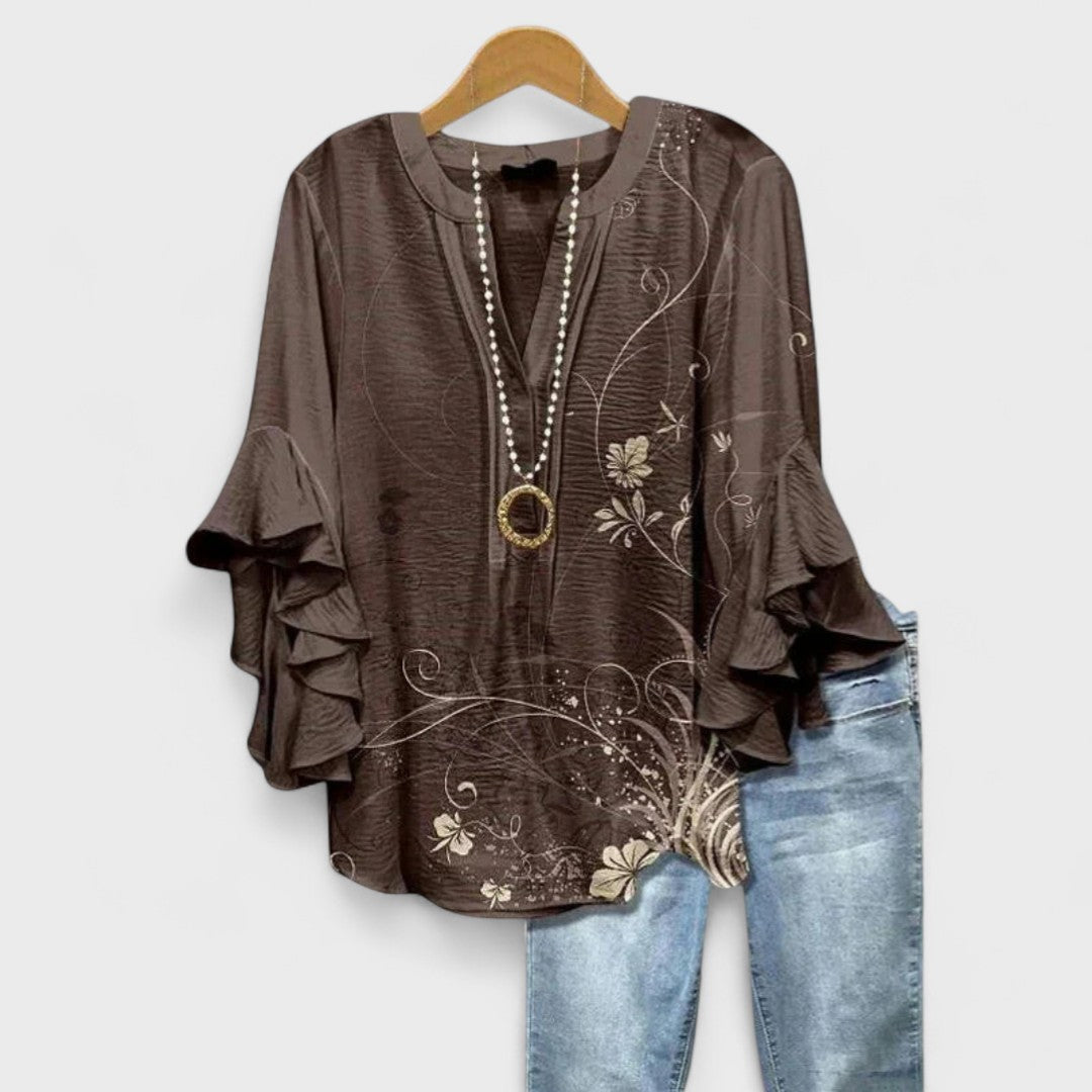 Dames Blouse met V-hals en Volantmouwen Bruin