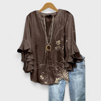 Dames Blouse met V-hals en Volantmouwen Bruin