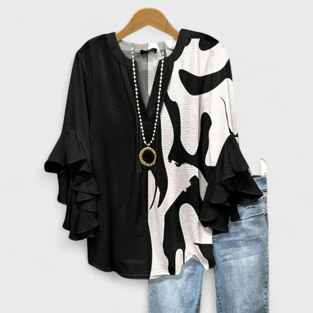 Dames Blouse met V-hals en Volantmouwen Zwart