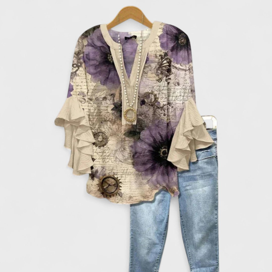 Dames Blouse met V-hals en Volantmouwen Beige