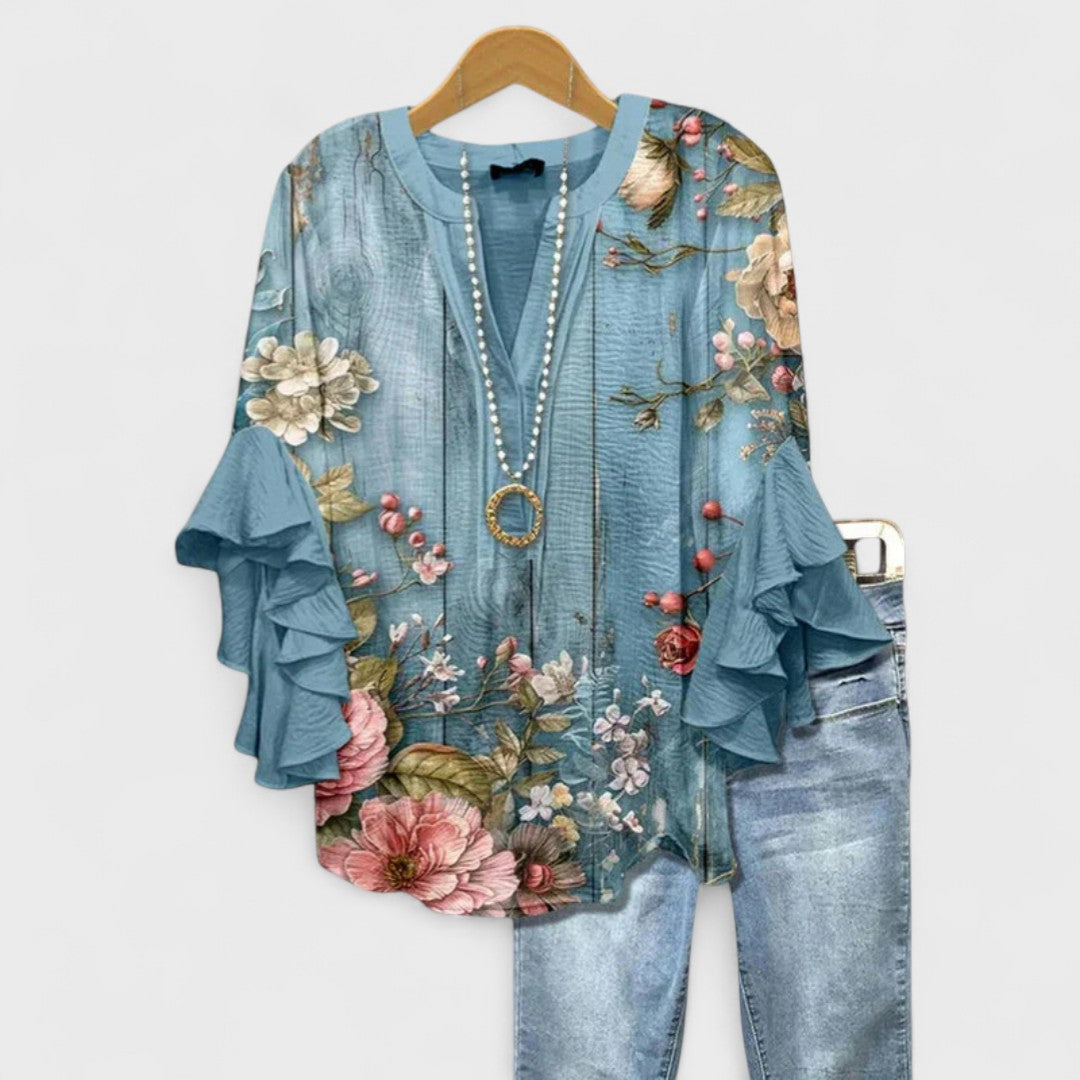 Dames Blouse met V-hals en Volantmouwen Blauw Wit