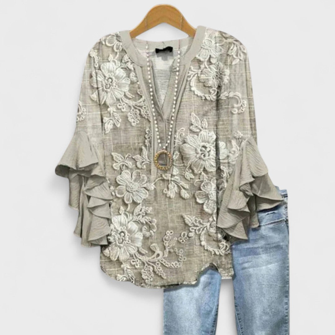 Dames Blouse met V-hals en Volantmouwen Lichtbruin