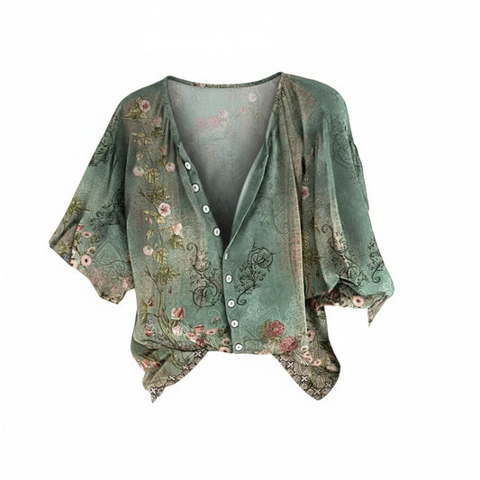 Dames Blouse met V-hals, Knoopsluiting en Halflange Mouwen met Boho Print