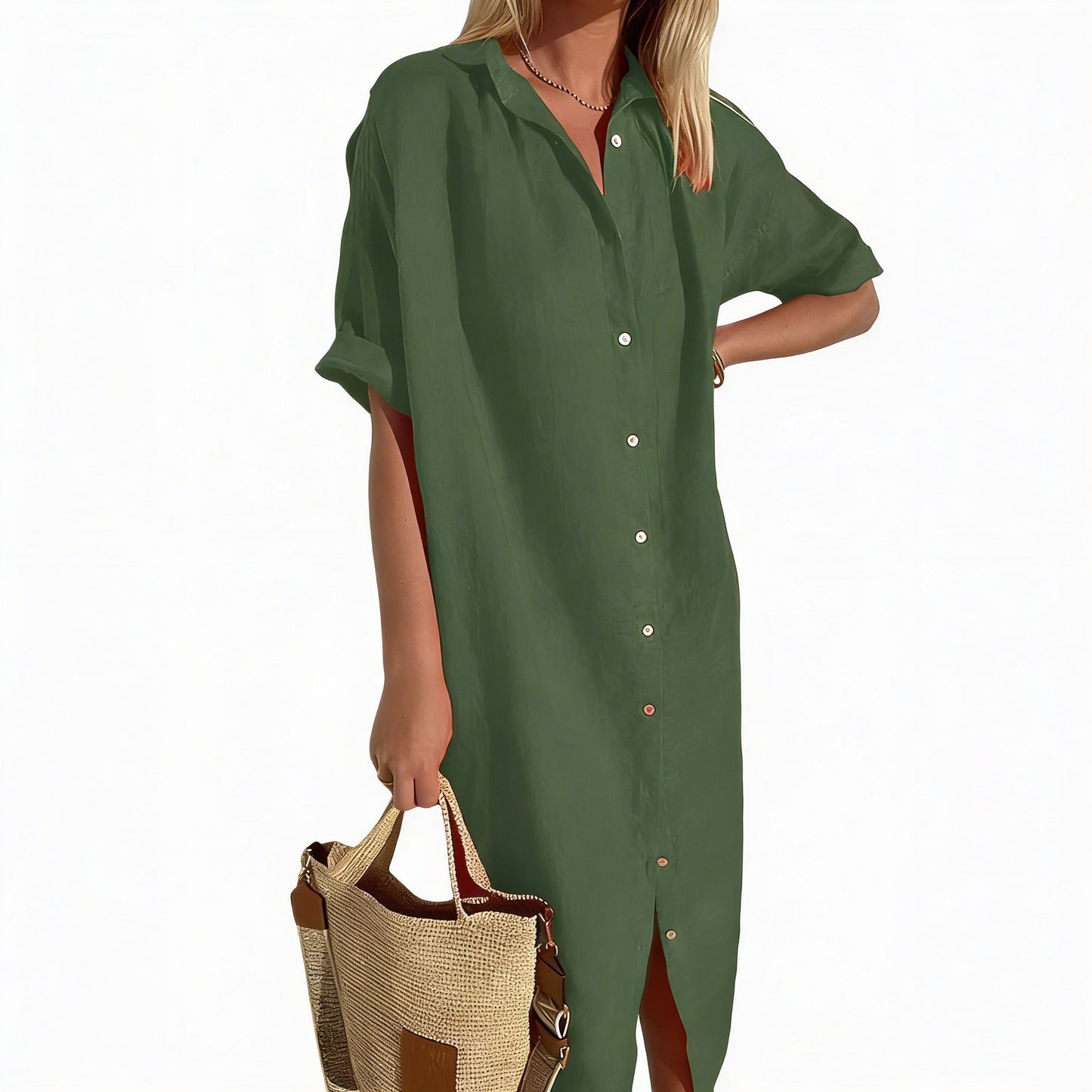 Dames Blousejurk met Korte Mouwen en Knoopsluiting