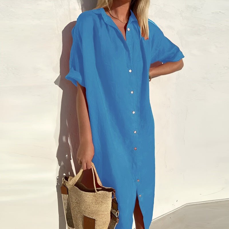 Dames Blousejurk met Korte Mouwen en Knoopsluiting Blauw
