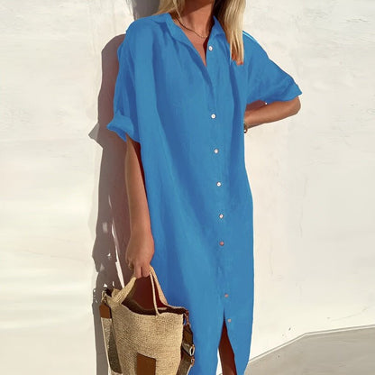 Dames Blousejurk met Korte Mouwen en Knoopsluiting Blauw