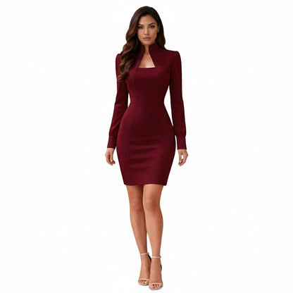 Dames Bodycon Jurk Lange Mouw met Opstaande Kraag en Vierkante Hals Bordeauxrood