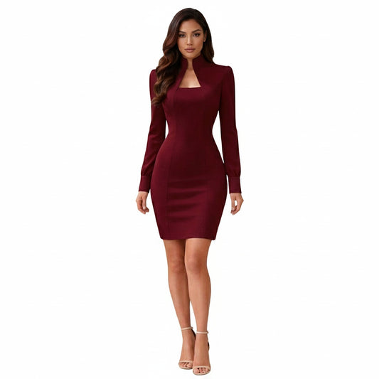 Dames Bodycon Jurk Lange Mouw met Opstaande Kraag en Vierkante Hals Bordeauxrood