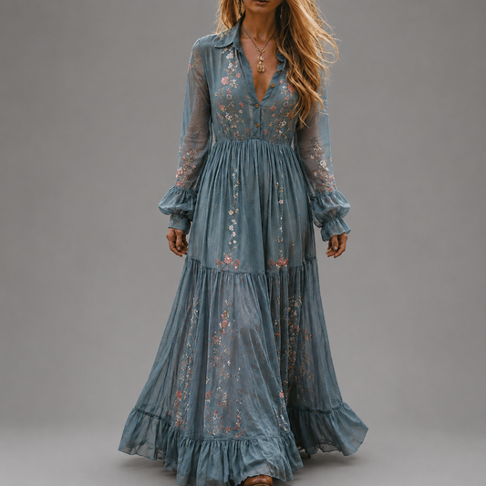 Dames Boho Maxi Jurk met Bloemenprint, Lange Mouw en Diepe V-hals