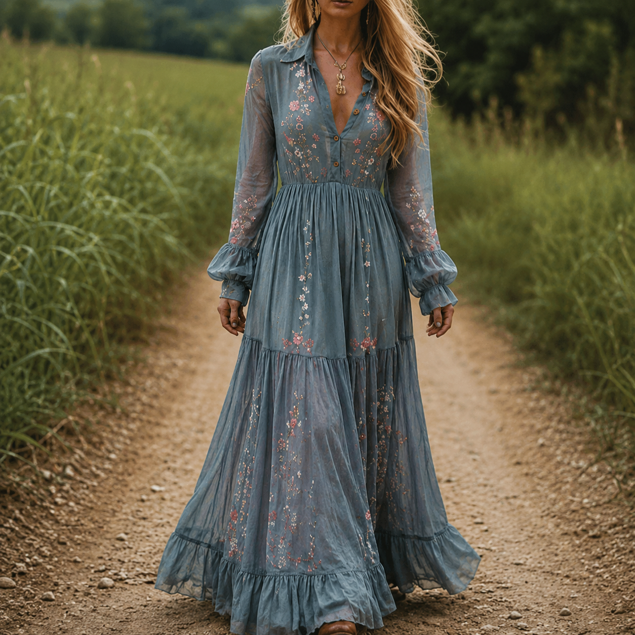 Dames Boho Maxi Jurk met Bloemenprint, Lange Mouw en Diepe V-hals Groen