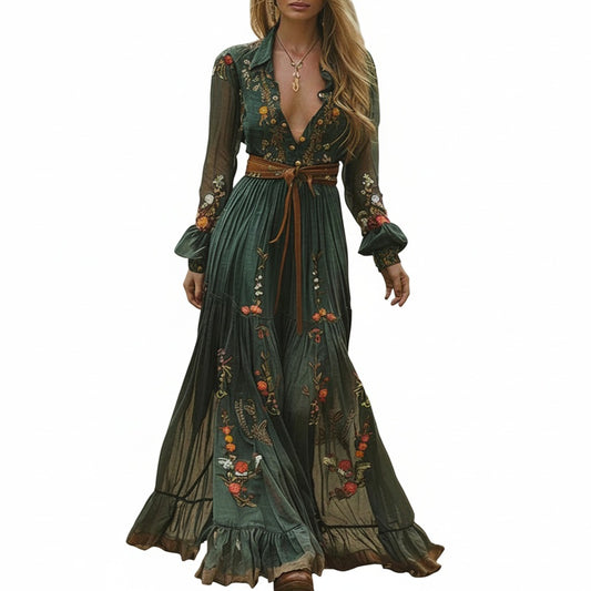 Dames Boho Maxi Jurk met Bloemenprint, Lange Mouw en Diepe V-hals