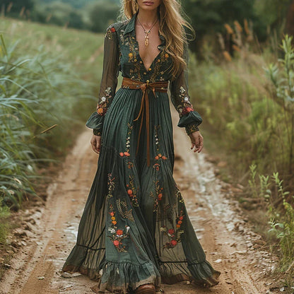 Dames Boho Maxi Jurk met Bloemenprint, Lange Mouw en Diepe V-hals Groen
