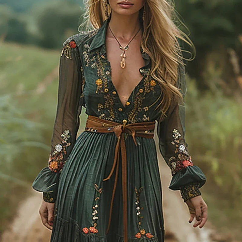Dames Boho Maxi Jurk met Bloemenprint, Lange Mouw en Diepe V-hals