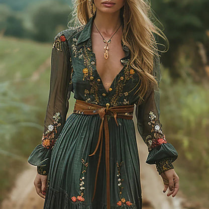 Dames Boho Maxi Jurk met Bloemenprint, Lange Mouw en Diepe V-hals