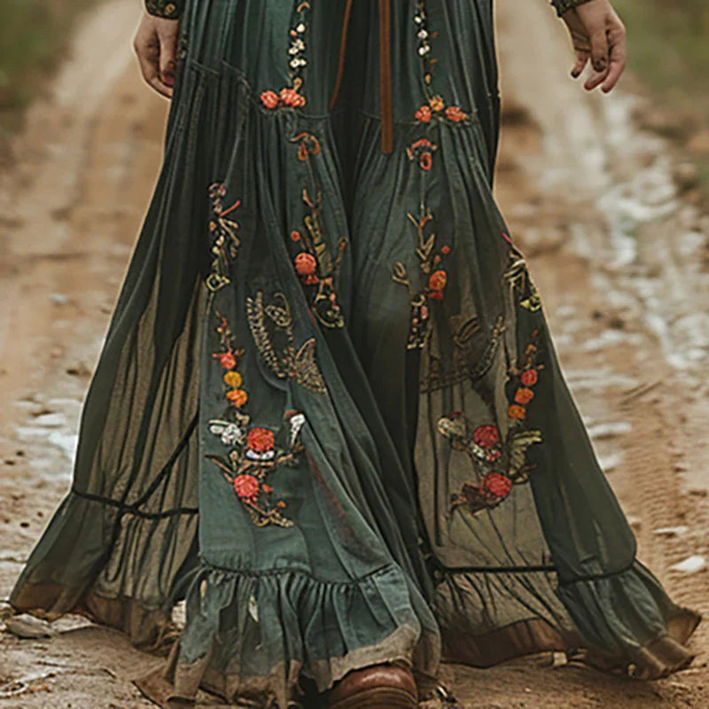 Dames Boho Maxi Jurk met Bloemenprint, Lange Mouw en Diepe V-hals