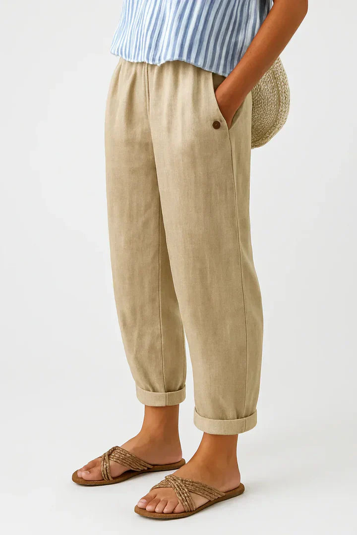 Dames Broek met Elastische Taille, Zijzakken en Omgeslagen Pijpen Beige