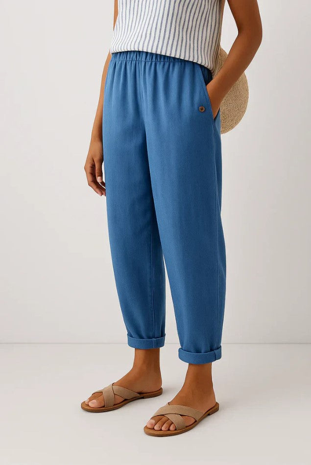 Dames Broek met Elastische Taille, Zijzakken en Omgeslagen Pijpen Blauw