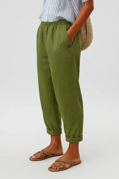 Dames Broek met Elastische Taille, Zijzakken en Omgeslagen Pijpen Olijfgroen
