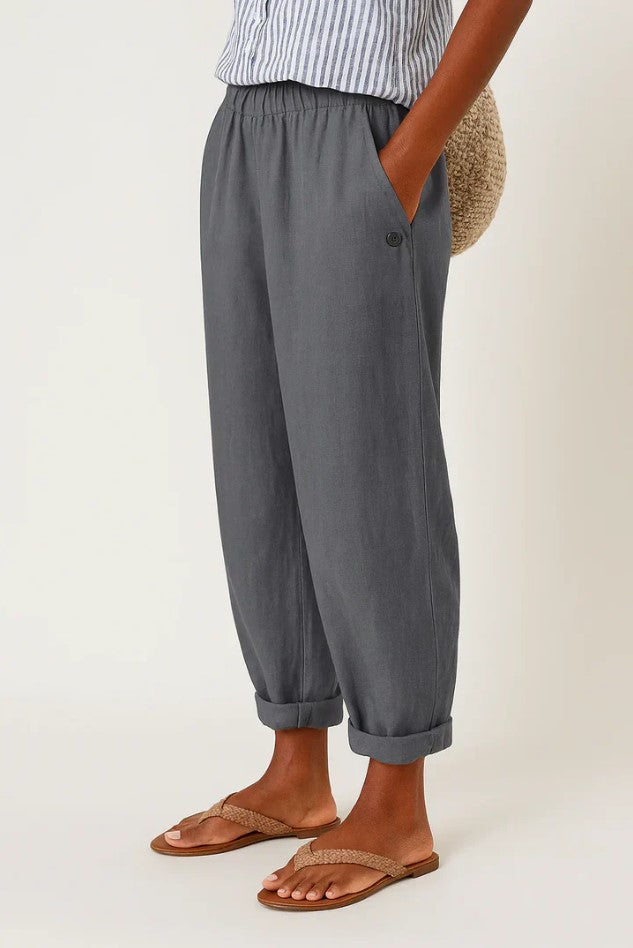 Dames Broek met Elastische Taille, Zijzakken en Omgeslagen Pijpen Donkergrijs
