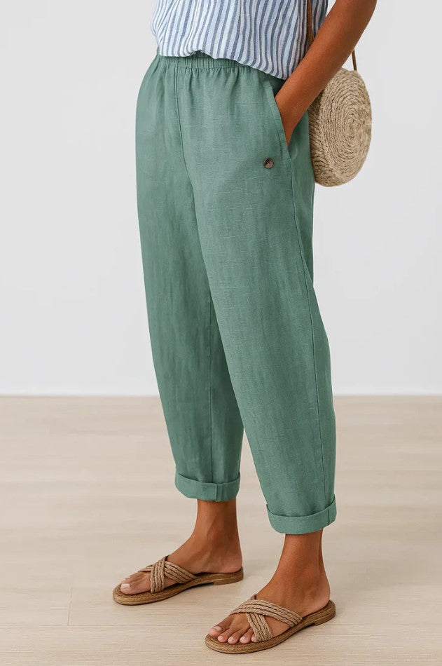 Dames Broek met Elastische Taille, Zijzakken en Omgeslagen Pijpen Turquoise