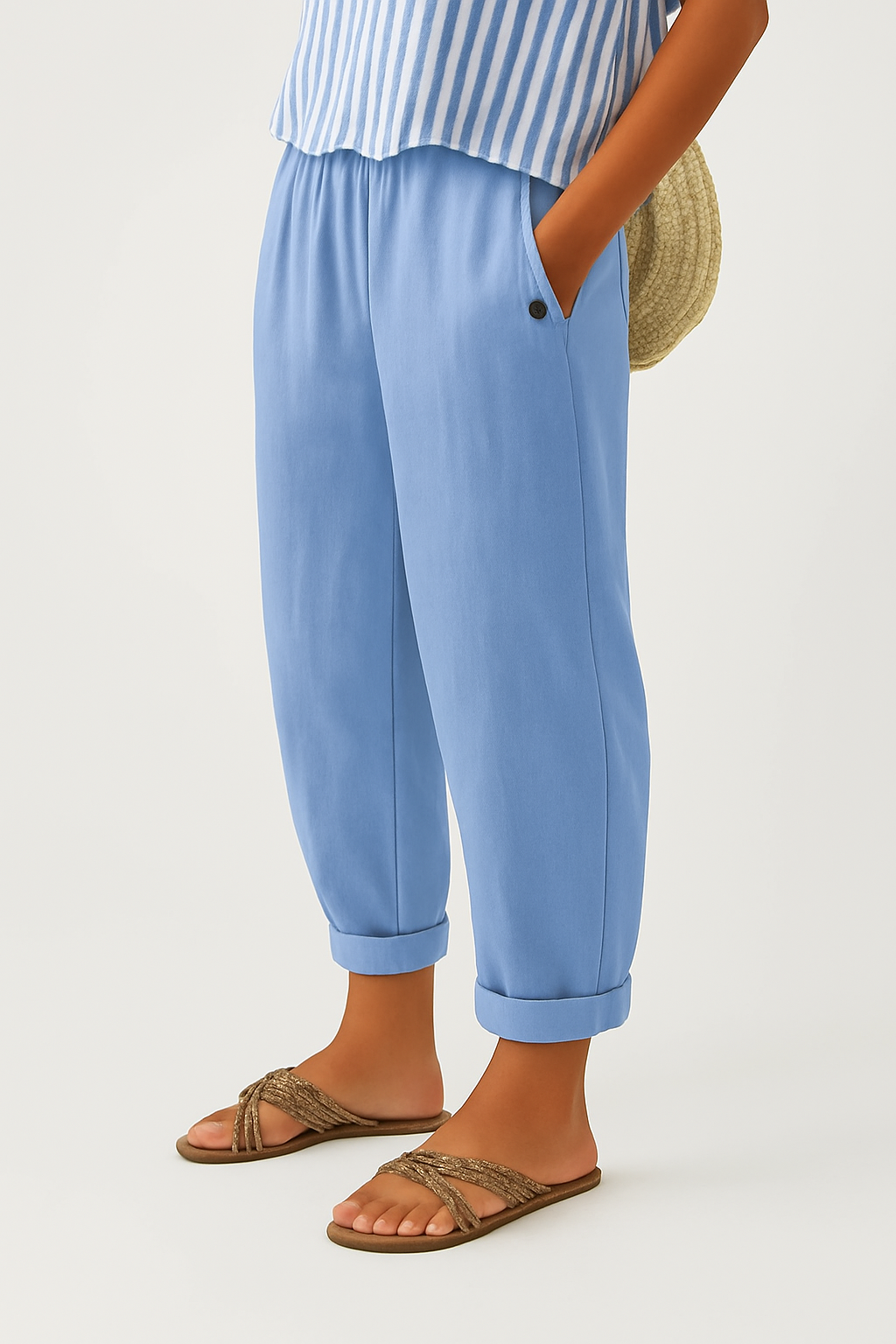 Dames Broek met Elastische Taille, Zijzakken en Omgeslagen Pijpen Lichtblauw