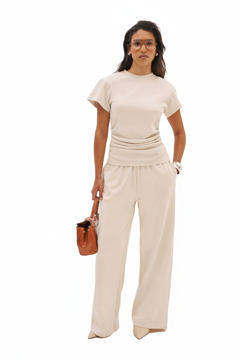 Dames Broek Wide Leg met Elastische Taille en Steekzakken Beige