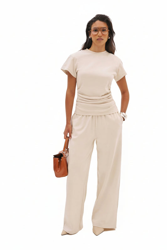 Dames Broek Wide Leg met Elastische Taille en Steekzakken Beige