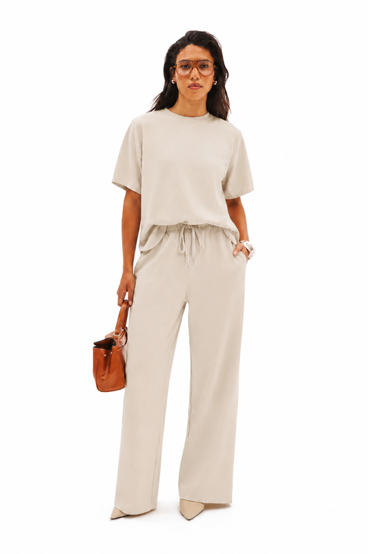 Dames Broek Wide Leg met Elastische Taille en Steekzakken Beige