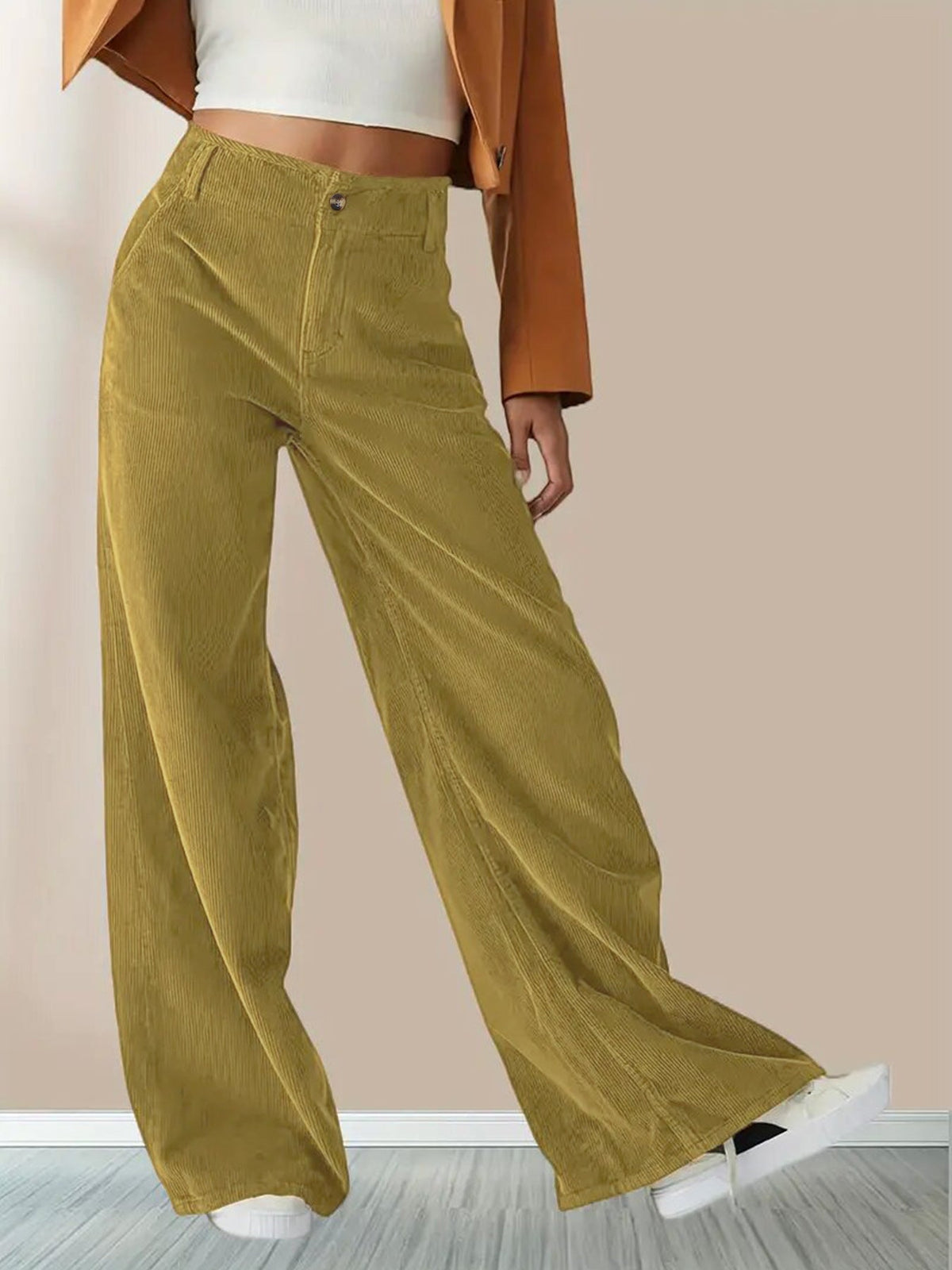 Dames Broek Wijde Pijp met Knoop- en Ritssluiting Mosterdgeel