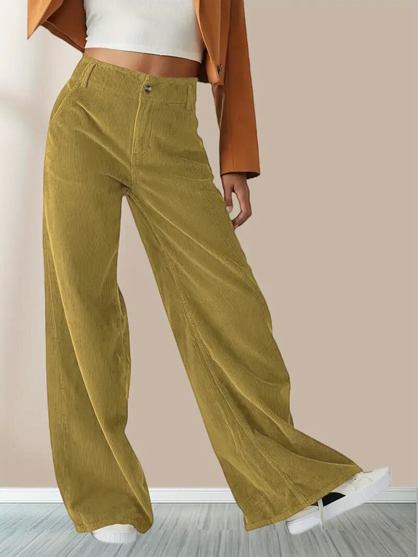 Dames Broek Wijde Pijp met Knoop- en Ritssluiting Mosterdgeel