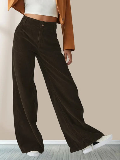 Dames Broek Wijde Pijp met Knoop- en Ritssluiting Bruin