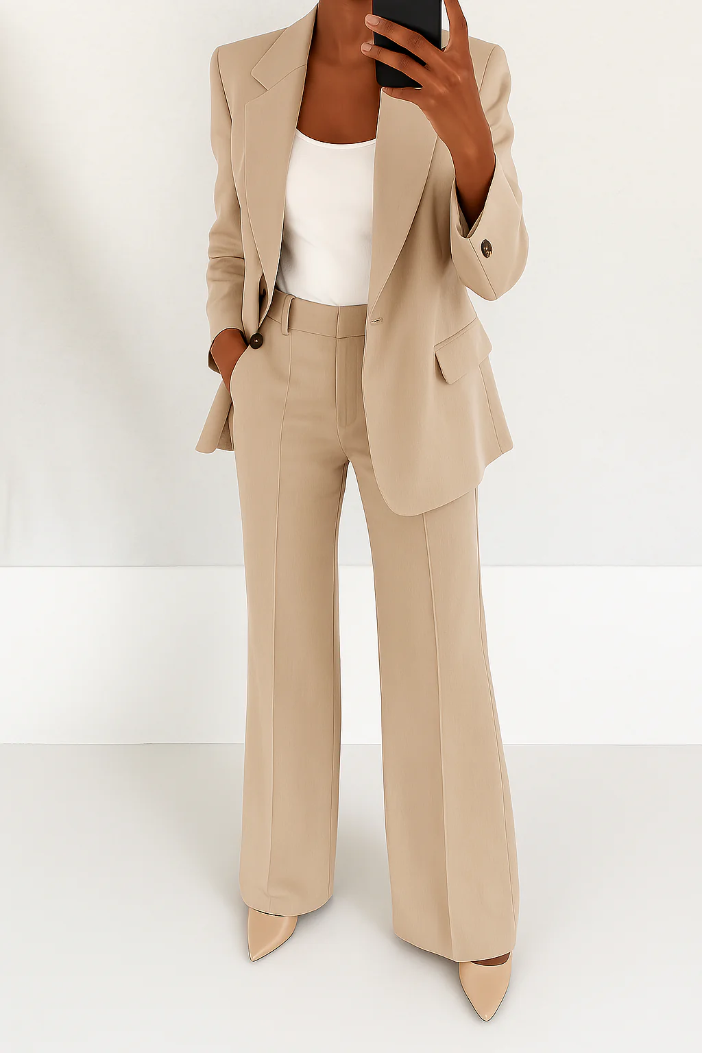Dames Broekpak met Blazer en Wide Leg Broek Beige