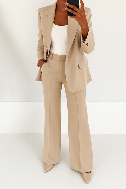 Dames Broekpak met Blazer en Wide Leg Broek Beige