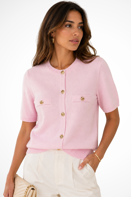 Dames Cardigan Korte Mouw met Ronde Hals en Gouden Knopen Roze