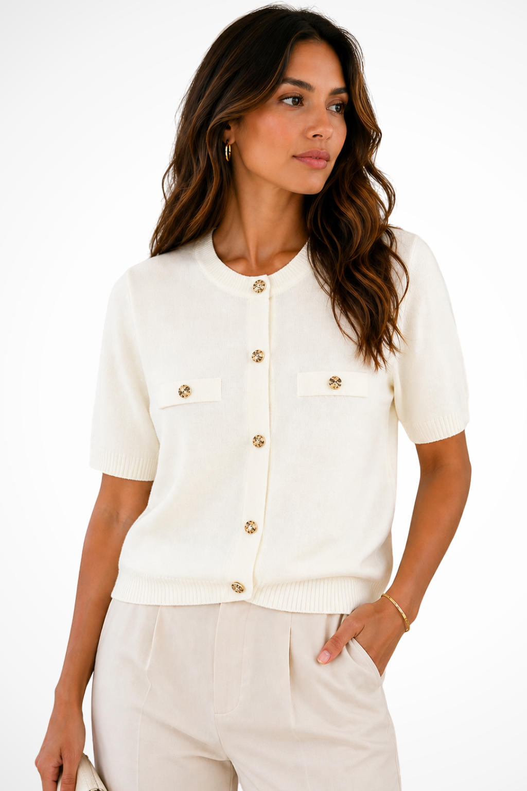 Dames Cardigan Korte Mouw met Ronde Hals en Gouden Knopen Ivoor