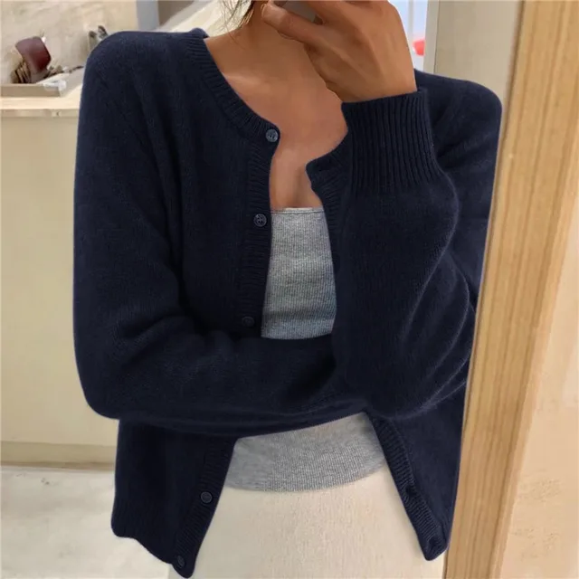 Dames Cardigan met Ronde Hals en Knoopsluiting, Lange Mouw Marineblauw