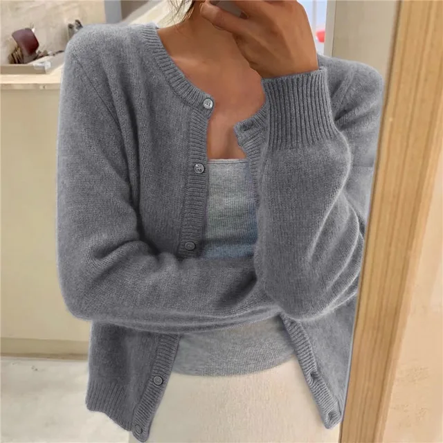 Dames Cardigan met Ronde Hals en Knoopsluiting, Lange Mouw Grijs