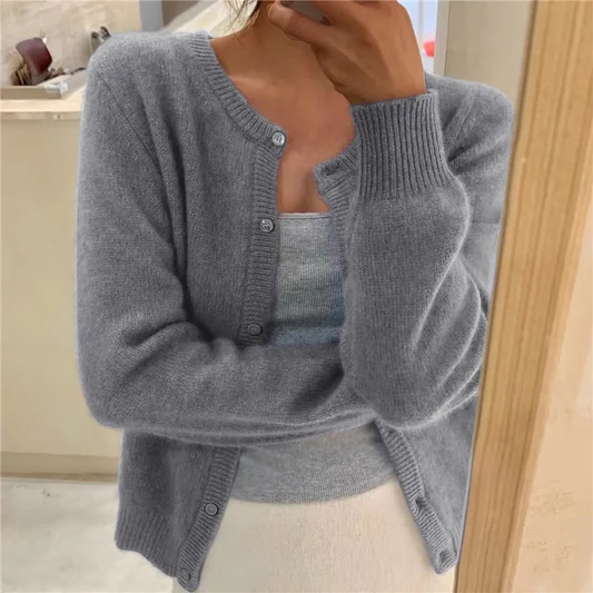 Dames Cardigan met Ronde Hals en Knoopsluiting, Lange Mouw Grijs