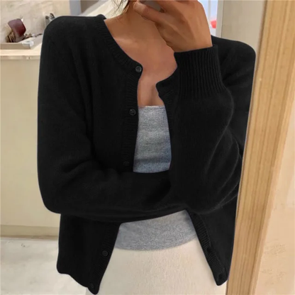 Dames Cardigan met Ronde Hals en Knoopsluiting, Lange Mouw Zwart