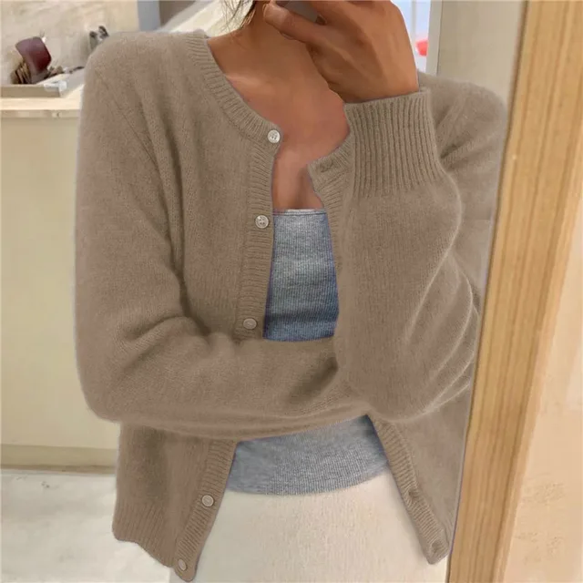 Dames Cardigan met Ronde Hals en Knoopsluiting, Lange Mouw Kaki