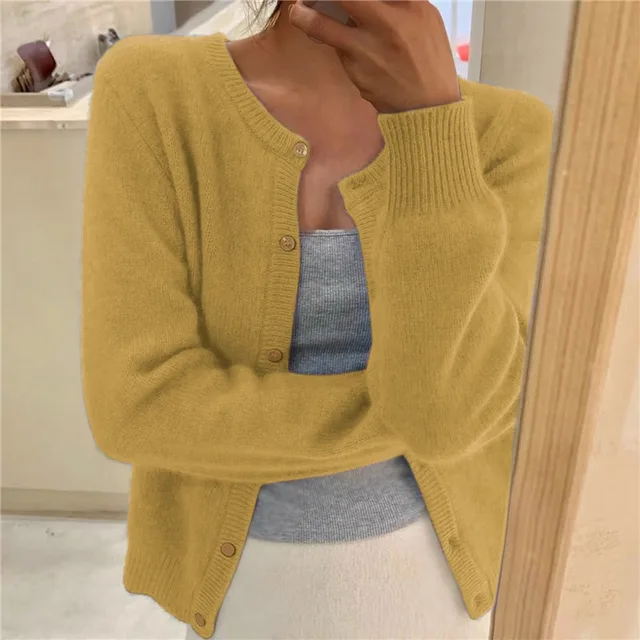 Dames Cardigan met Ronde Hals en Knoopsluiting, Lange Mouw Geel