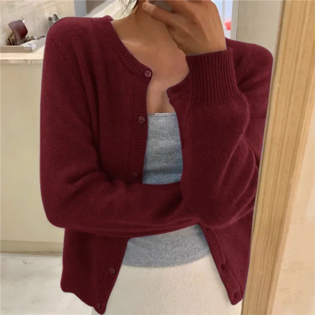 Dames Cardigan met Ronde Hals en Knoopsluiting, Lange Mouw Donkerrood