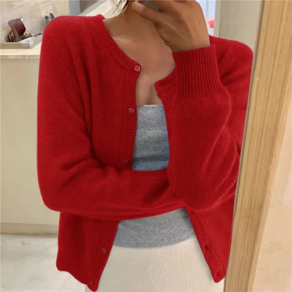 Dames Cardigan met Ronde Hals en Knoopsluiting, Lange Mouw Rood
