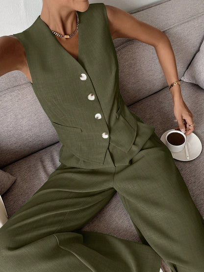 Dames Kledingset Mouwloos Vest met Wijde Broek